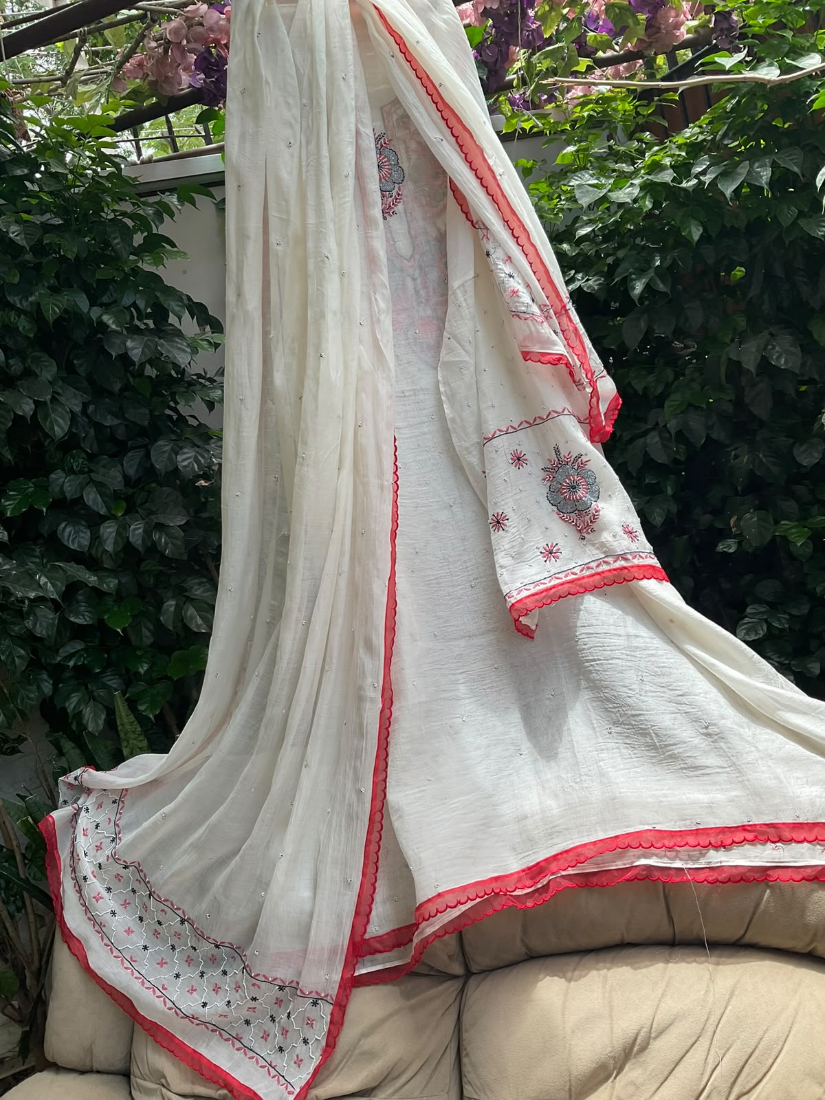 Pure Mulmul Kurta Set with Multicolour Chikankari & Pearl-Cutdana Work with Scalloped Dupatta (Set of 3) (Semi-stitched)