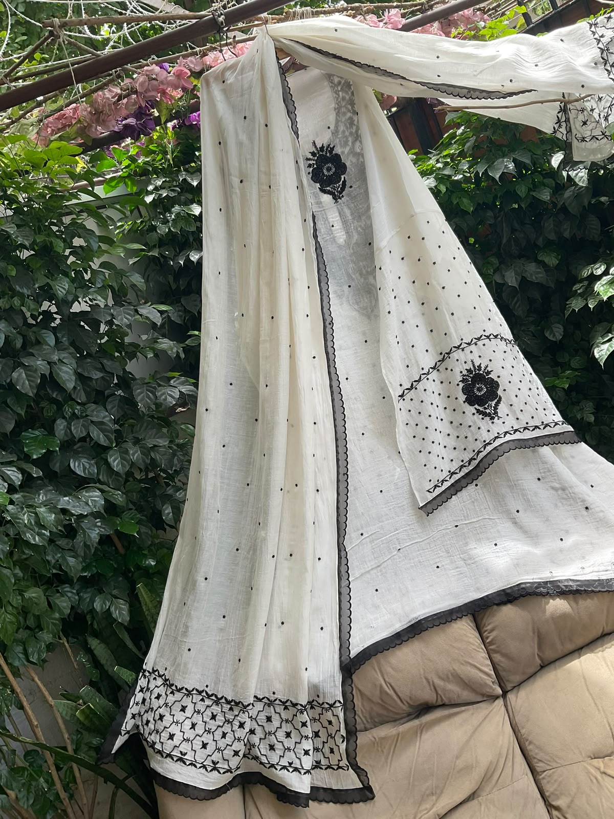 Pure Mulmul Kurta Set with Multicolour Chikankari & Pearl-Cutdana Work with Scalloped Dupatta (Set of 3) (Semi-stitched)