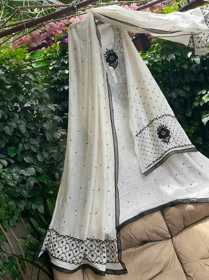 Pure Mulmul Kurta Set with Multicolour Chikankari & Pearl-Cutdana Work with Scalloped Dupatta (Set of 3) (Semi-stitched)
