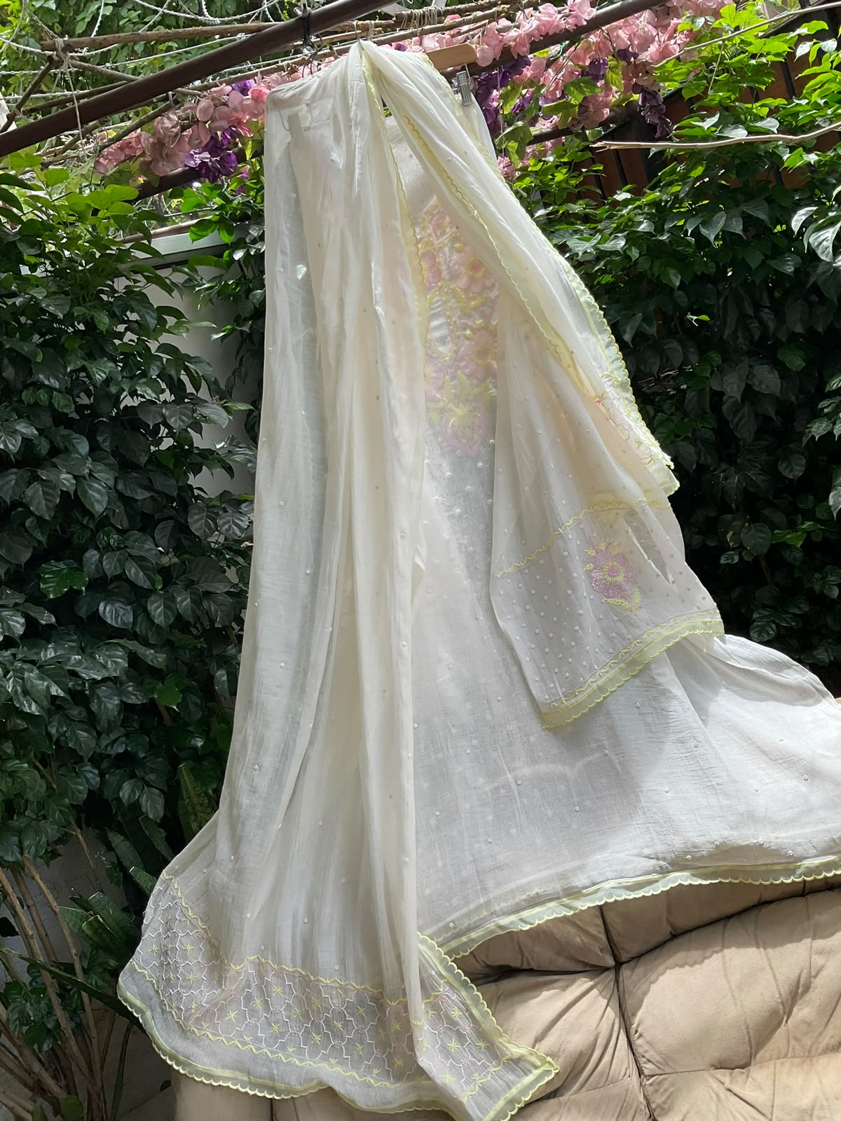 Pure Mulmul Kurta Set with Multicolour Chikankari & Pearl-Cutdana Work with Scalloped Dupatta (Set of 3) (Semi-stitched)