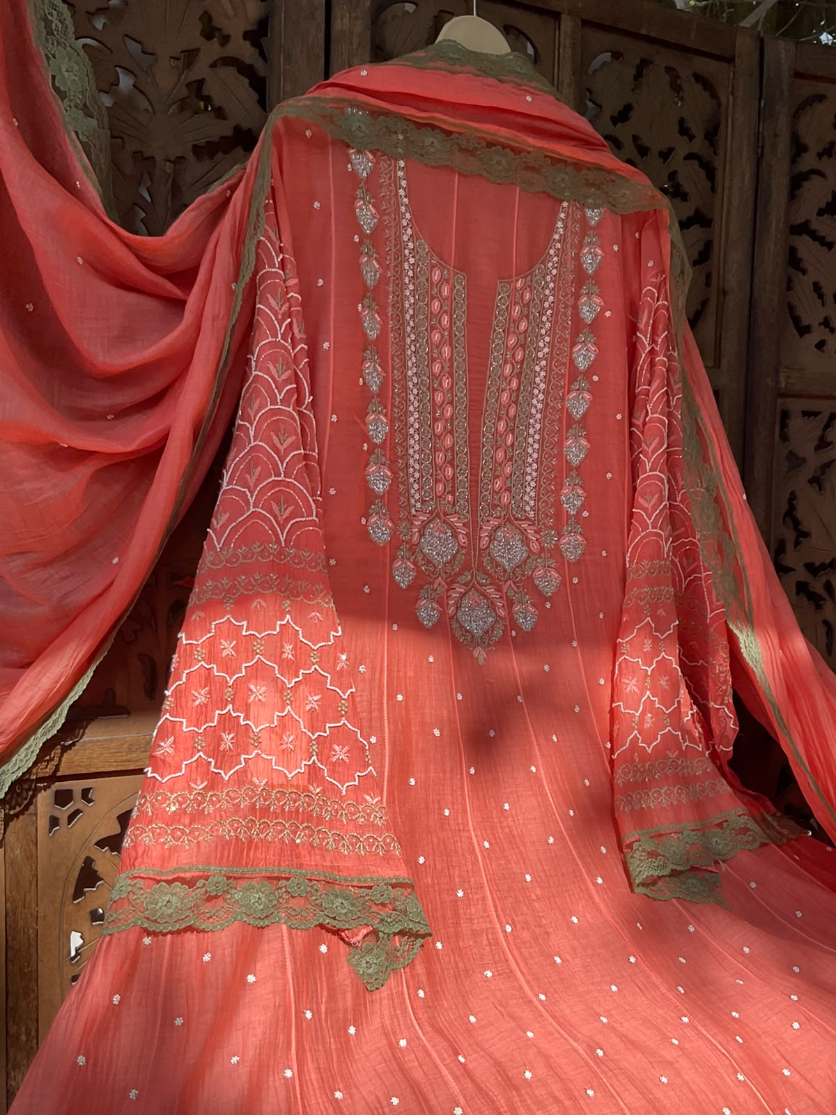 Pure Mulmul Anarkali Suit Set with Chikankari &amp; Pearl-Cutdana Work with Embroidered Dupatta (Set of 3) (Semi-stitched)