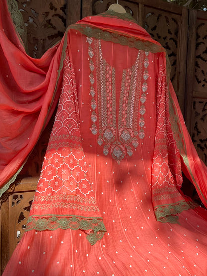 Pure Mulmul Anarkali Suit Set with Chikankari &amp; Pearl-Cutdana Work with Embroidered Dupatta (Set of 3) (Semi-stitched)
