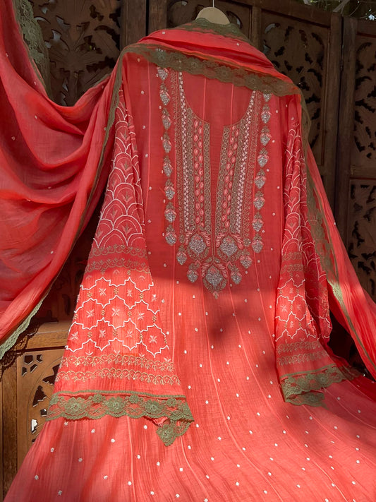 Pure Mulmul Anarkali Suit Set with Chikankari &amp; Pearl-Cutdana Work with Embroidered Dupatta (Set of 3) (Semi-stitched)