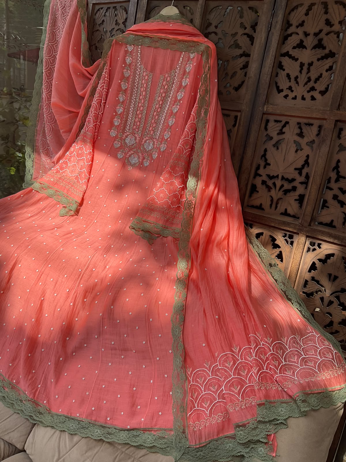 Pure Mulmul Anarkali Suit Set with Chikankari &amp; Pearl-Cutdana Work with Embroidered Dupatta (Set of 3) (Semi-stitched)