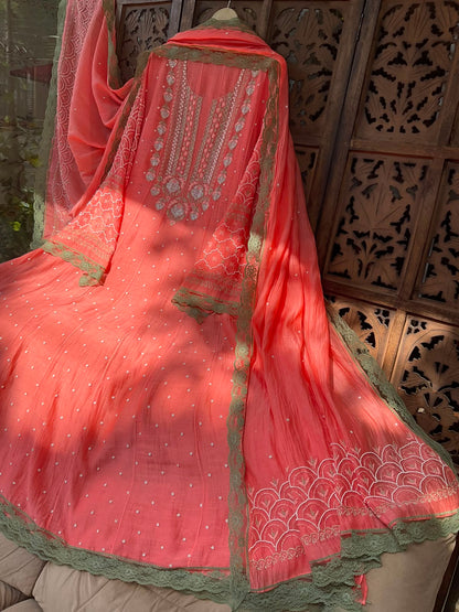 Pure Mulmul Anarkali Suit Set with Chikankari &amp; Pearl-Cutdana Work with Embroidered Dupatta (Set of 3) (Semi-stitched)
