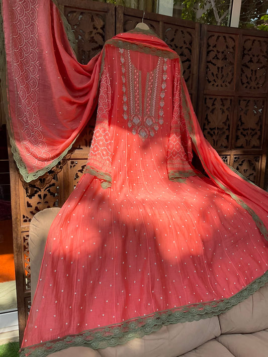 Pure Mulmul Anarkali Suit Set with Chikankari &amp; Pearl-Cutdana Work with Embroidered Dupatta (Set of 3) (Semi-stitched)