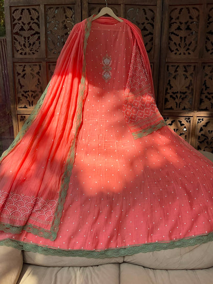 Pure Mulmul Anarkali Suit Set with Chikankari &amp; Pearl-Cutdana Work with Embroidered Dupatta (Set of 3) (Semi-stitched)
