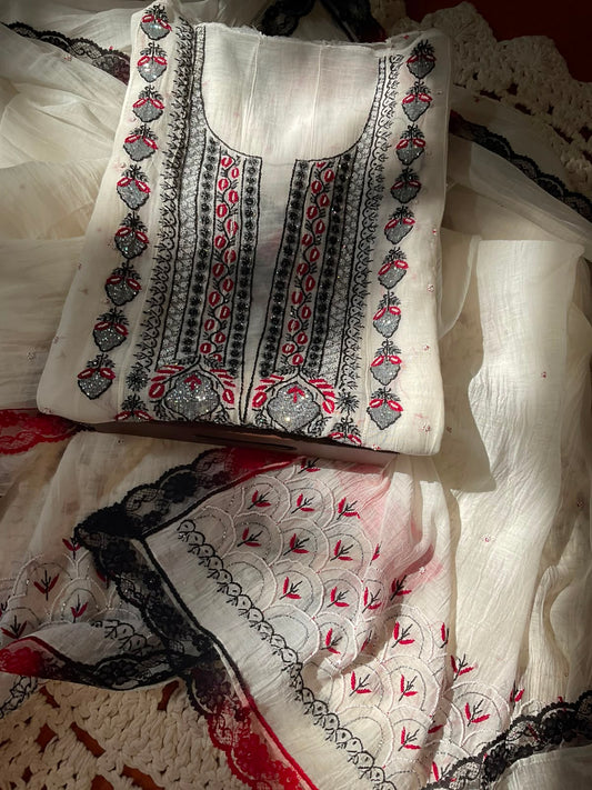 Pure Mulmul Anarkali Suit Set with Chikankari & Cutdana-Pearl Work with Lace-Finished Dupatta (Set of 3) (Semi-stitched)