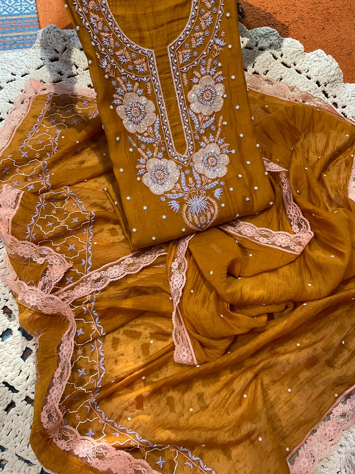 Pure Mulmul Kurta Set with Multicolour Chikankari & Pearl-Cutdana Embroidery with Lace-Finished Dupatta (Set of 3) (Semi-stitched)
