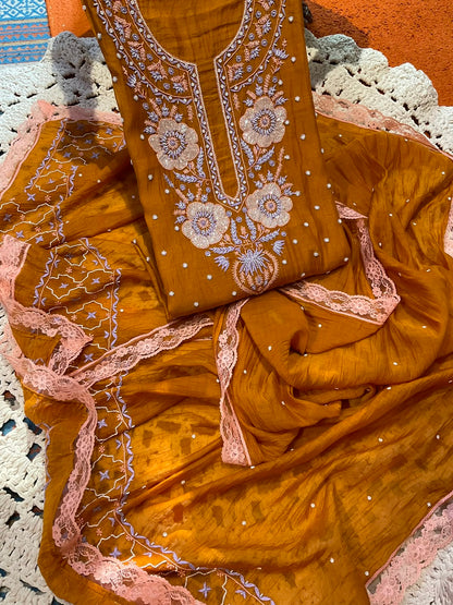 Pure Mulmul Kurta Set with Multicolour Chikankari & Pearl-Cutdana Embroidery with Lace-Finished Dupatta (Set of 3) (Semi-stitched)
