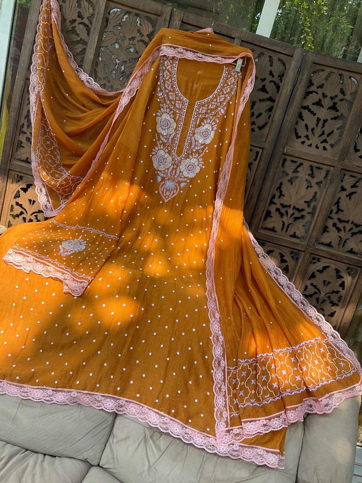 Pure Mulmul Kurta Set with Multicolour Chikankari & Pearl-Cutdana Embroidery with Lace-Finished Dupatta (Set of 3) (Semi-stitched)