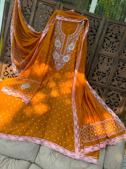 Pure Mulmul Kurta Set with Multicolour Chikankari & Pearl-Cutdana Embroidery with Lace-Finished Dupatta (Set of 3) (Semi-stitched)