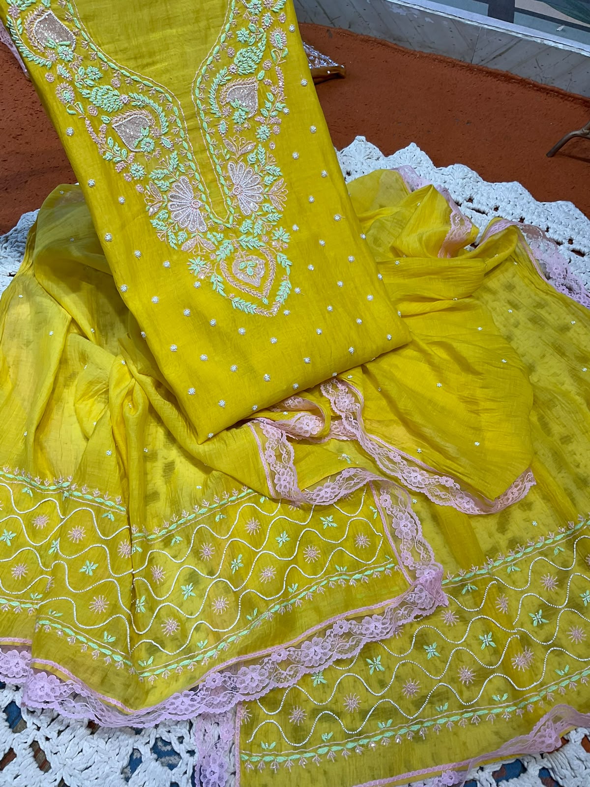 Pure Mulmul Kurta Set with Multicolour Chikankari & Pearl-Cutdana Work with Lace-Embroidered Dupatta (Set of 3) (Semi-stitched)