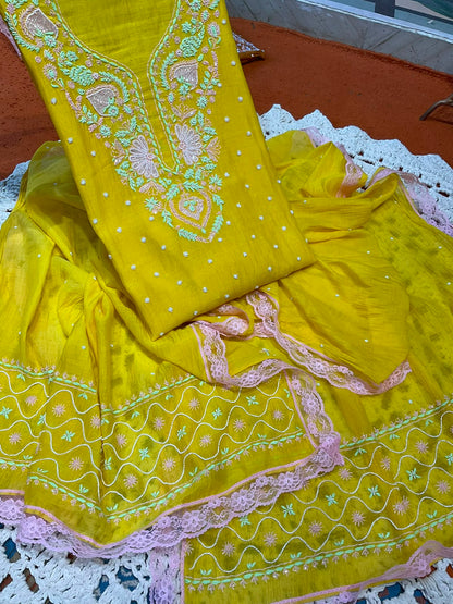 Pure Mulmul Kurta Set with Multicolour Chikankari & Pearl-Cutdana Work with Lace-Embroidered Dupatta (Set of 3) (Semi-stitched)