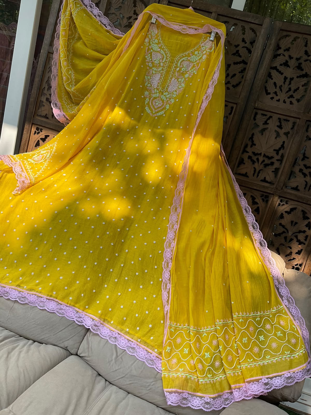 Pure Mulmul Kurta Set with Multicolour Chikankari & Pearl-Cutdana Work with Lace-Embroidered Dupatta (Set of 3) (Semi-stitched)