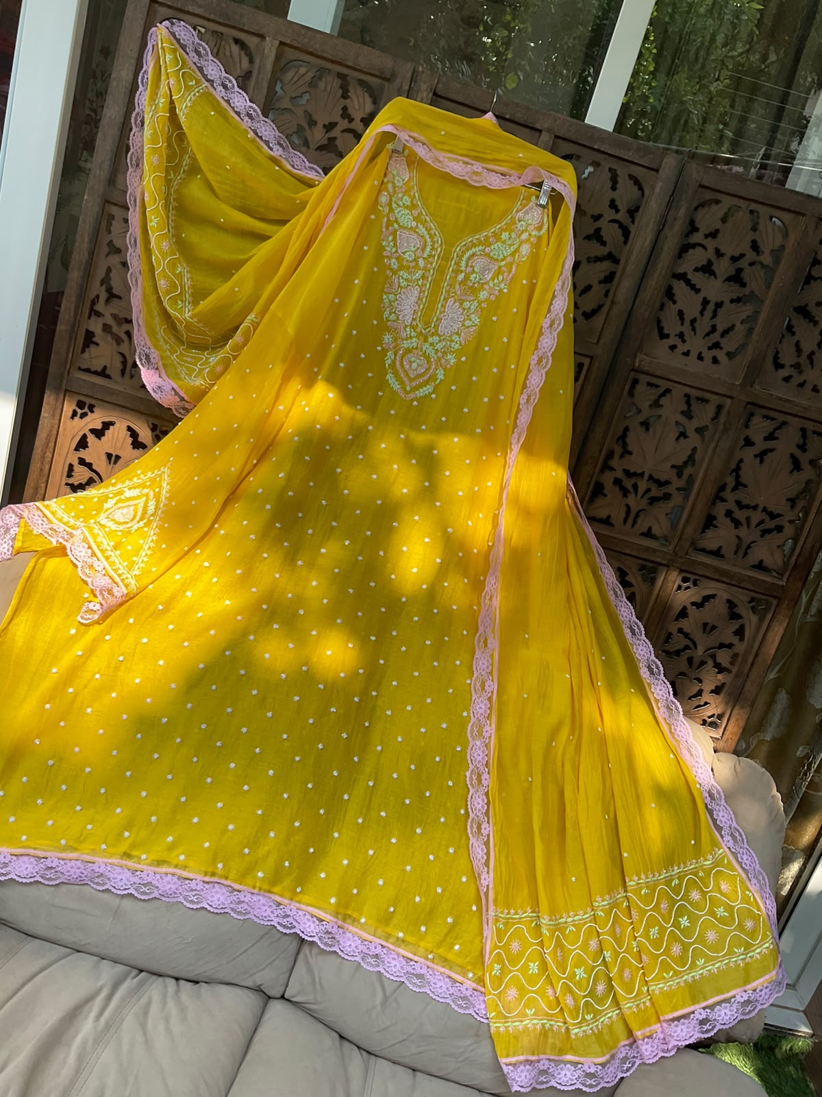 Pure Mulmul Kurta Set with Multicolour Chikankari & Pearl-Cutdana Work with Lace-Embroidered Dupatta (Set of 3) (Semi-stitched)