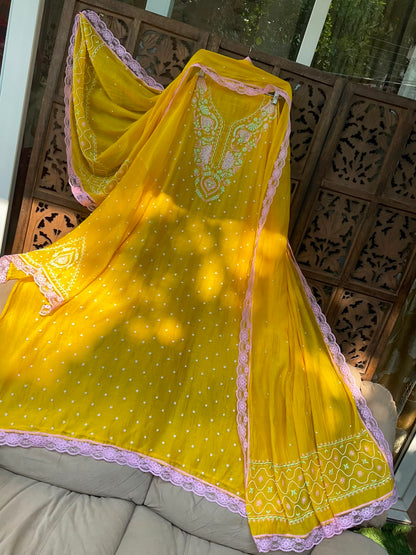 Pure Mulmul Kurta Set with Multicolour Chikankari & Pearl-Cutdana Work with Lace-Embroidered Dupatta (Set of 3) (Semi-stitched)