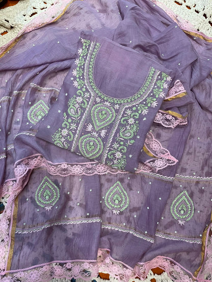 Pure Mulmul Kurta Set with Multicolour Chikankari & Pearl-Cutdana Embroidery with Lace-Finished Dupatta (Set of 3) (Semi-stitched)