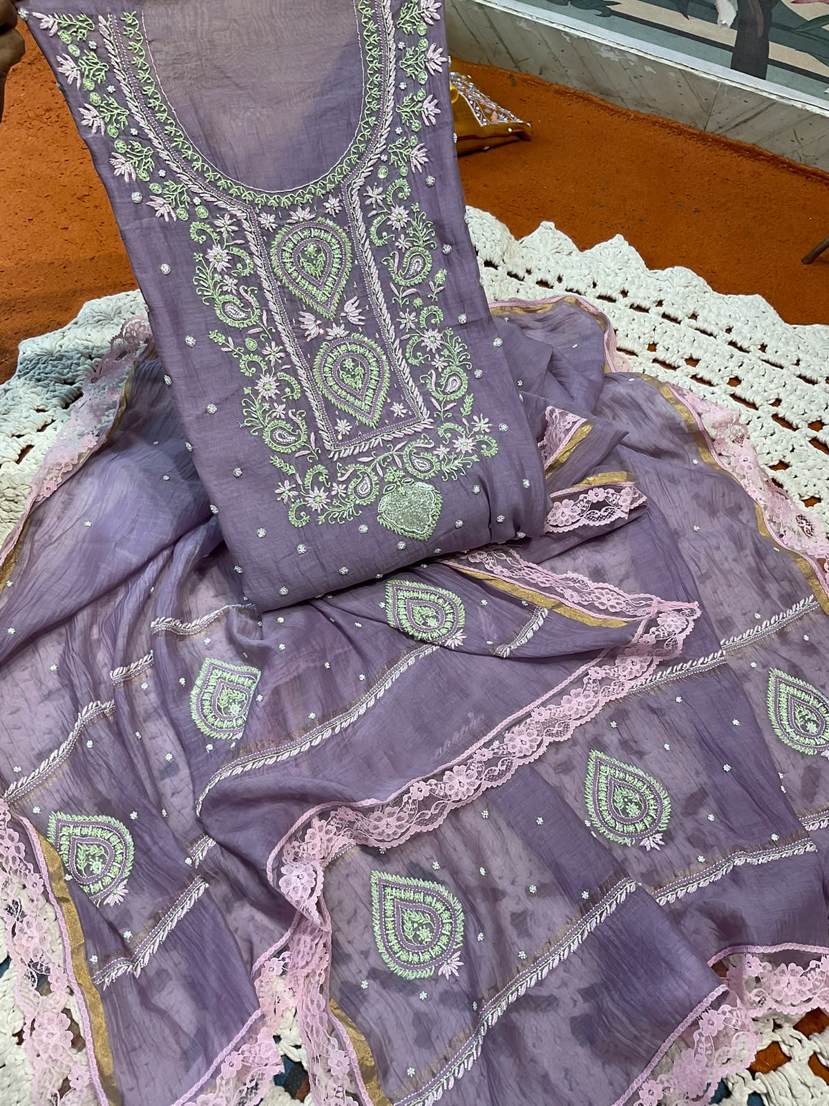Pure Mulmul Kurta Set with Multicolour Chikankari & Pearl-Cutdana Embroidery with Lace-Finished Dupatta (Set of 3) (Semi-stitched)