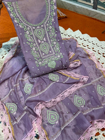 Pure Mulmul Kurta Set with Multicolour Chikankari & Pearl-Cutdana Embroidery with Lace-Finished Dupatta (Set of 3) (Semi-stitched)