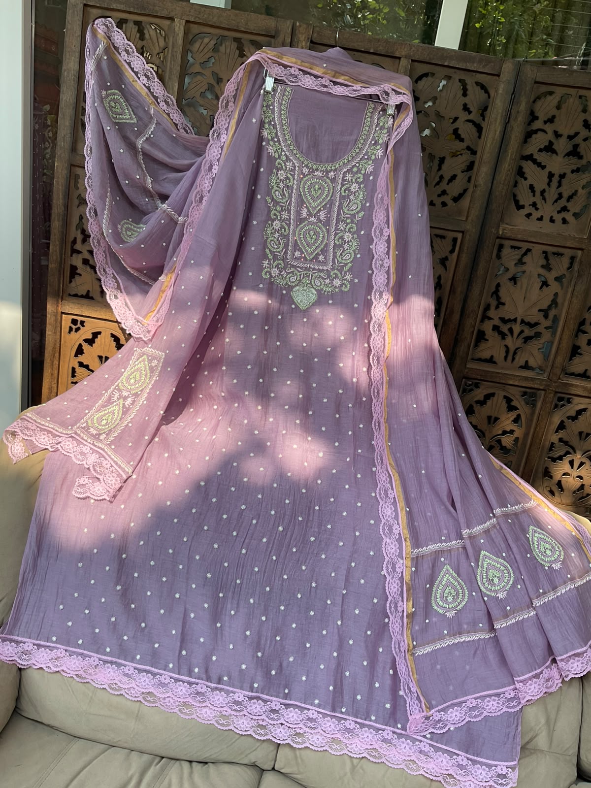 Pure Mulmul Kurta Set with Multicolour Chikankari & Pearl-Cutdana Embroidery with Lace-Finished Dupatta (Set of 3) (Semi-stitched)