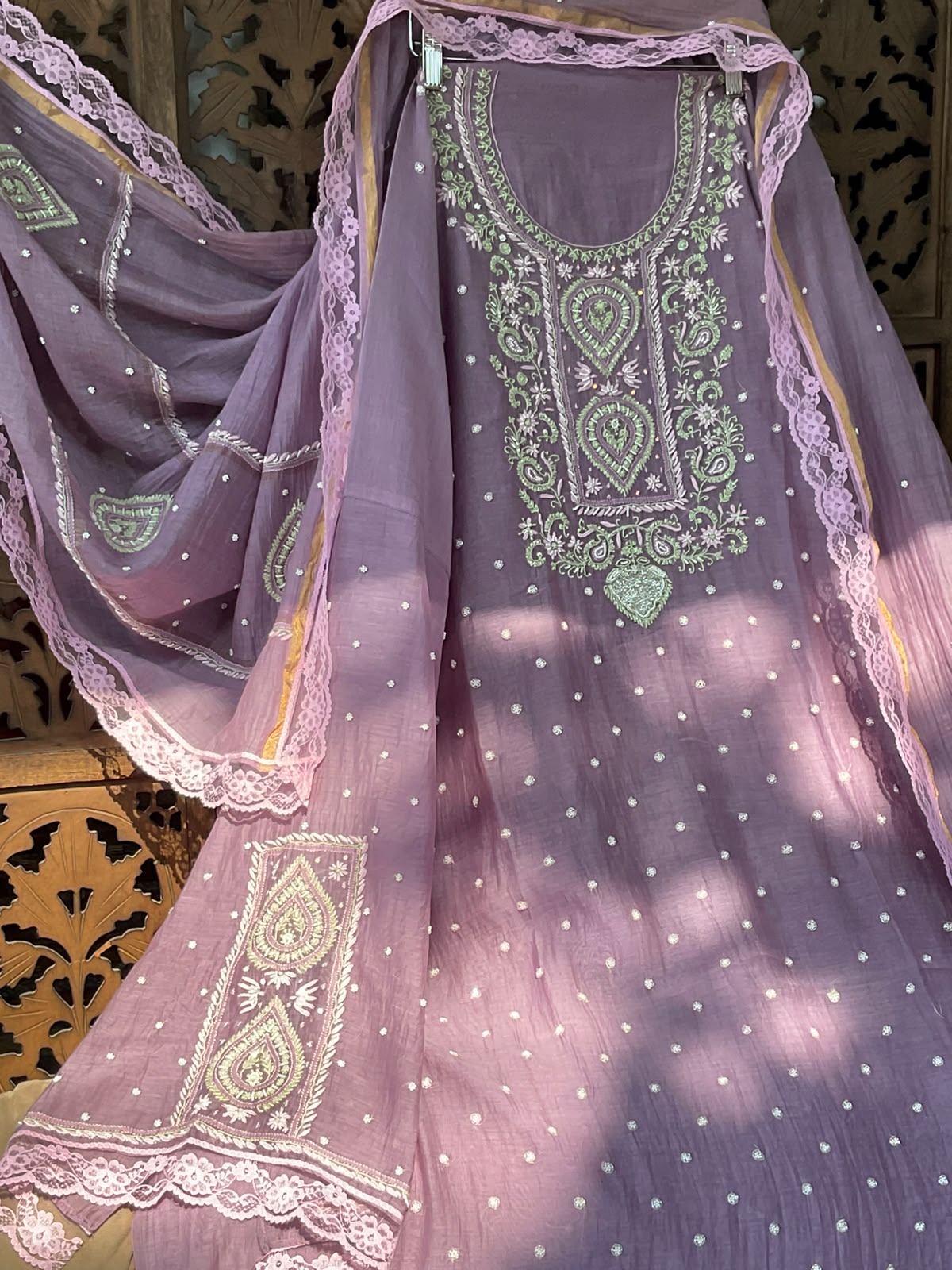 Pure Mulmul Kurta Set with Multicolour Chikankari & Pearl-Cutdana Embroidery with Lace-Finished Dupatta (Set of 3) (Semi-stitched)
