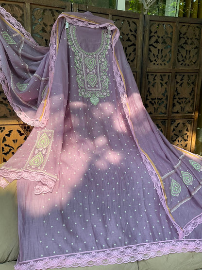 Pure Mulmul Kurta Set with Multicolour Chikankari & Pearl-Cutdana Embroidery with Lace-Finished Dupatta (Set of 3) (Semi-stitched)