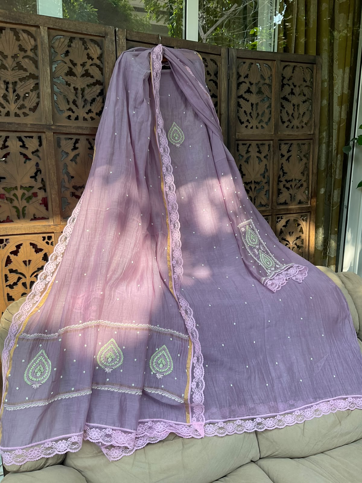 Pure Mulmul Kurta Set with Multicolour Chikankari & Pearl-Cutdana Embroidery with Lace-Finished Dupatta (Set of 3) (Semi-stitched)