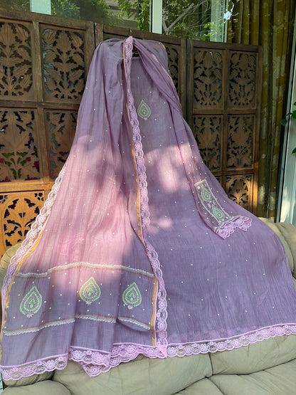 Pure Mulmul Kurta Set with Multicolour Chikankari & Pearl-Cutdana Embroidery with Lace-Finished Dupatta (Set of 3) (Semi-stitched)