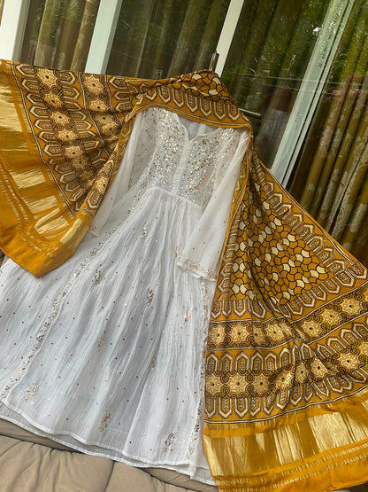 Pure Mulmul Tunic Set with Kaamdani & Mukaish Work with Royal Gaji Silk Ajrak Dupatta (Set of 2) (Semi-Stitched)