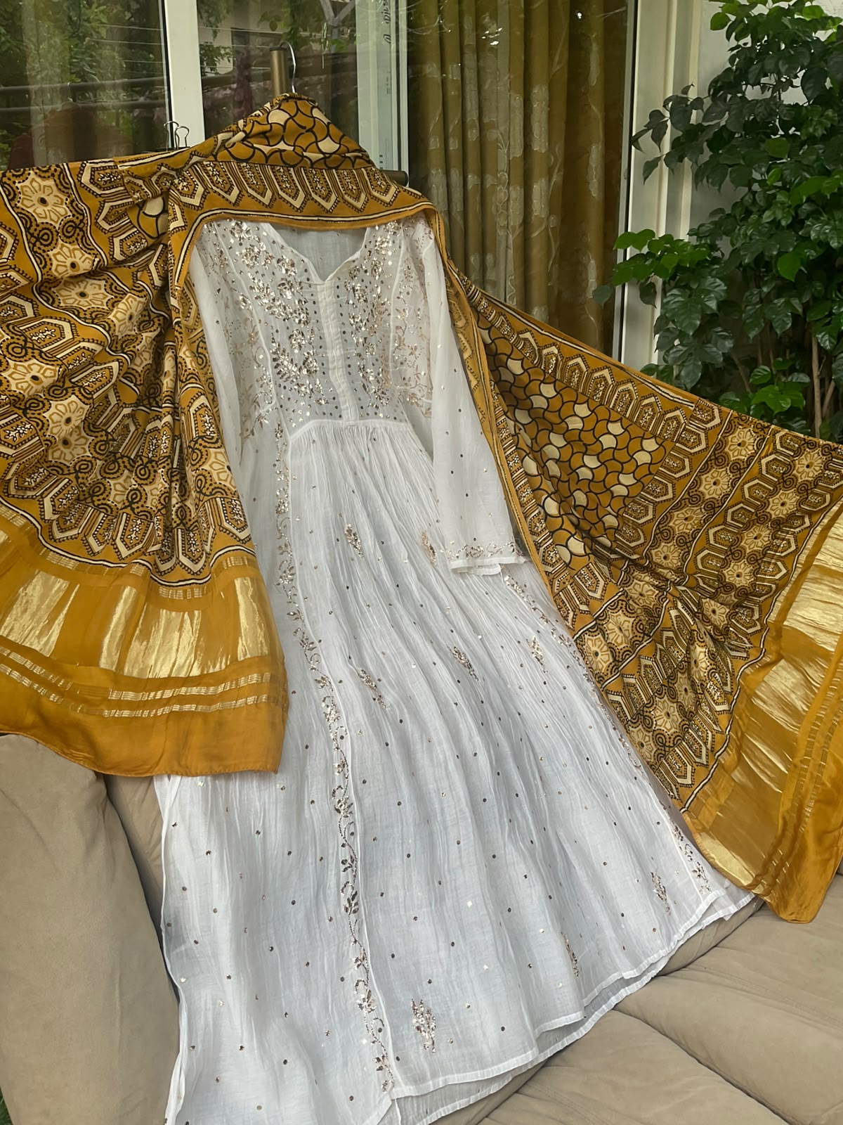 Pure Mulmul Tunic Set with Kaamdani & Mukaish Work with Royal Gaji Silk Ajrak Dupatta (Set of 2) (Semi-Stitched)