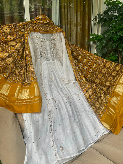 Pure Mulmul Tunic Set with Kaamdani & Mukaish Work with Royal Gaji Silk Ajrak Dupatta (Set of 2) (Semi-Stitched)