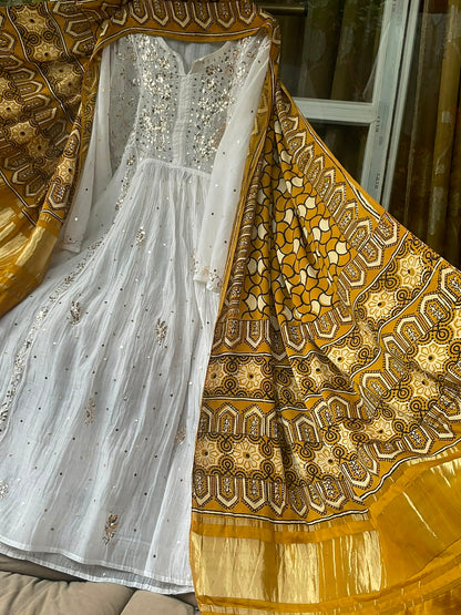 Pure Mulmul Tunic Set with Kaamdani & Mukaish Work with Royal Gaji Silk Ajrak Dupatta (Set of 2) (Semi-Stitched)