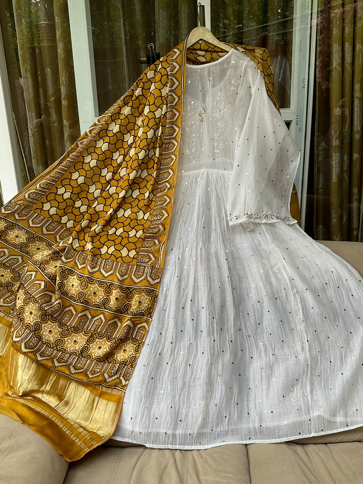 Pure Mulmul Tunic Set with Kaamdani & Mukaish Work with Royal Gaji Silk Ajrak Dupatta (Set of 2) (Semi-Stitched)