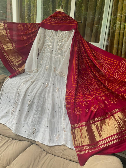 Pure Mulmul Tunic Set with Kaamdani & Mukaish Work with Royal Gaji Silk Bandhani Dupatta (Set of 2) (Semi - Stitched)