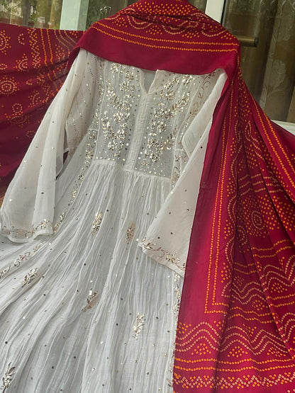 Pure Mulmul Tunic Set with Kaamdani & Mukaish Work with Royal Gaji Silk Bandhani Dupatta (Set of 2) (Semi - Stitched)