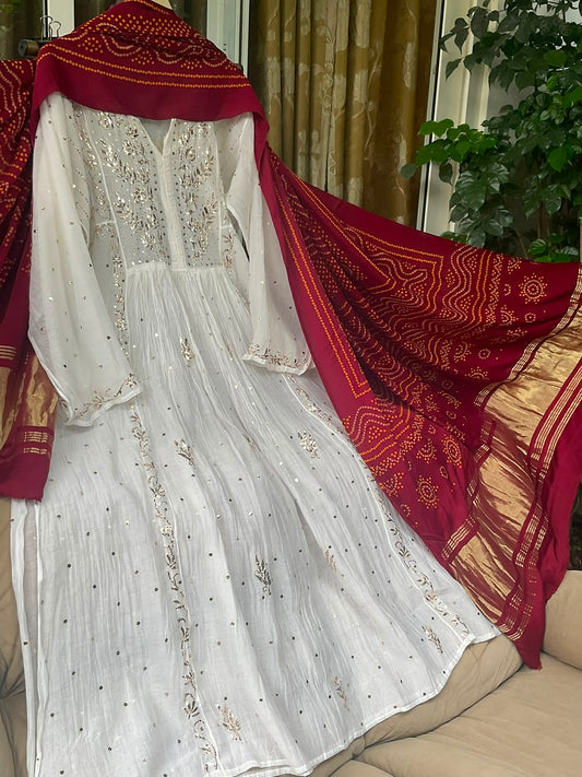 Pure Mulmul Tunic Set with Kaamdani & Mukaish Work with Royal Gaji Silk Bandhani Dupatta (Set of 2) (Semi - Stitched)