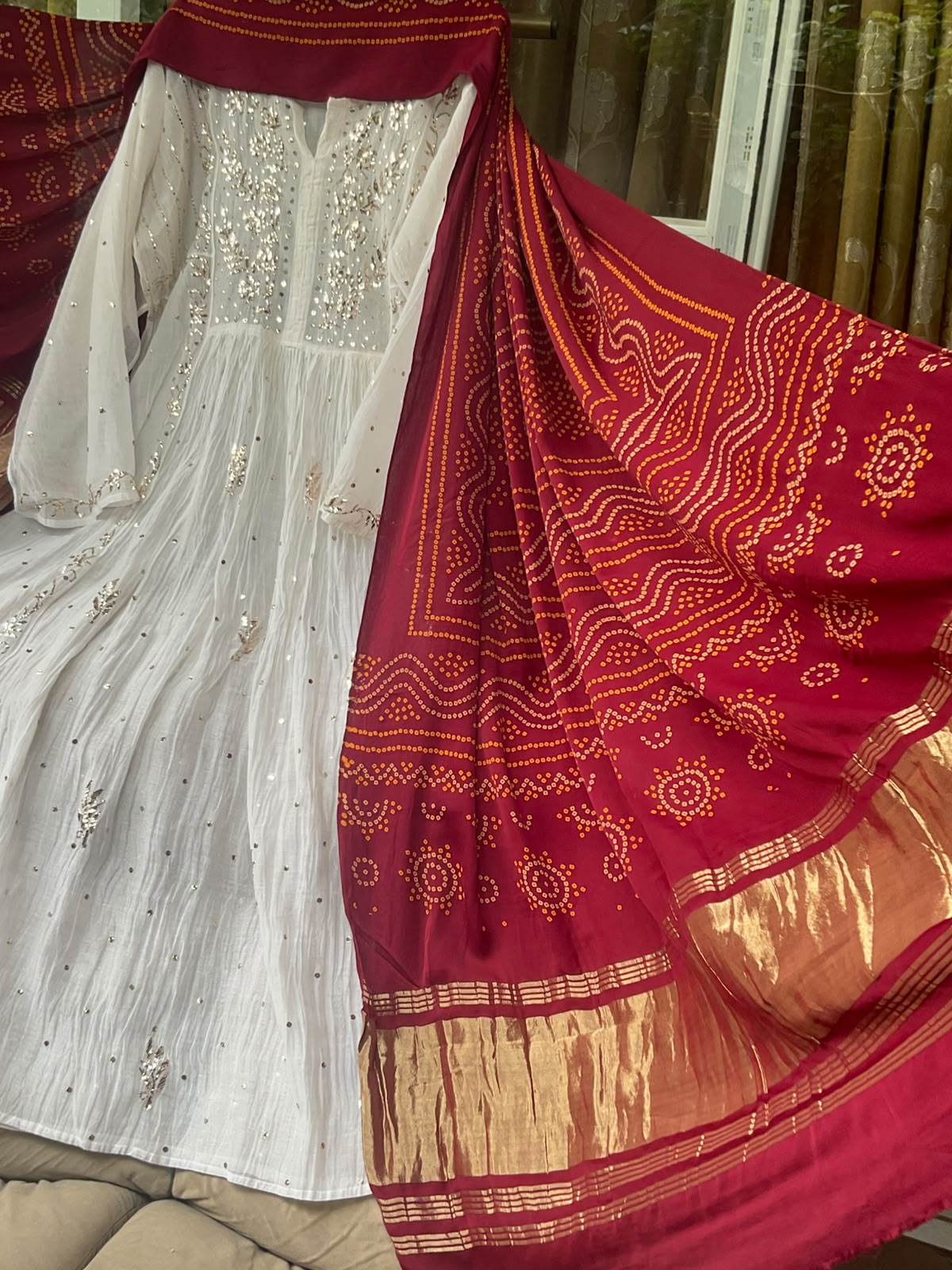 Pure Mulmul Tunic Set with Kaamdani & Mukaish Work with Royal Gaji Silk Bandhani Dupatta (Set of 2) (Semi - Stitched)