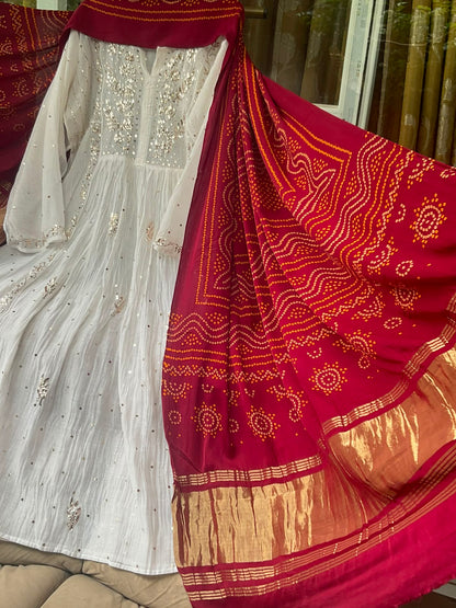 Pure Mulmul Tunic Set with Kaamdani & Mukaish Work with Royal Gaji Silk Bandhani Dupatta (Set of 2) (Semi - Stitched)