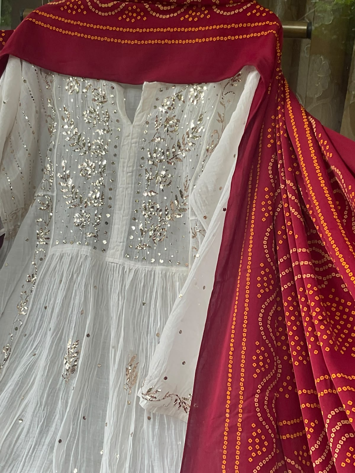 Pure Mulmul Tunic Set with Kaamdani & Mukaish Work with Royal Gaji Silk Bandhani Dupatta (Set of 2) (Semi - Stitched)