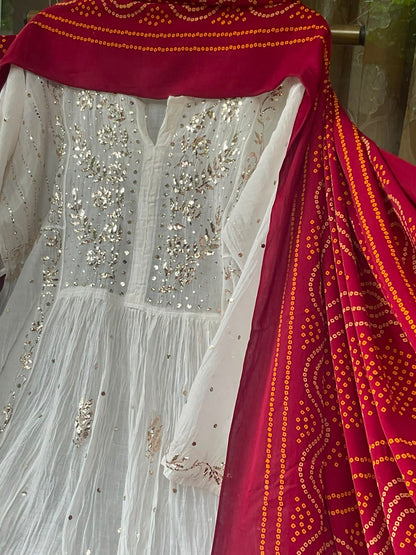 Pure Mulmul Tunic Set with Kaamdani & Mukaish Work with Royal Gaji Silk Bandhani Dupatta (Set of 2) (Semi - Stitched)