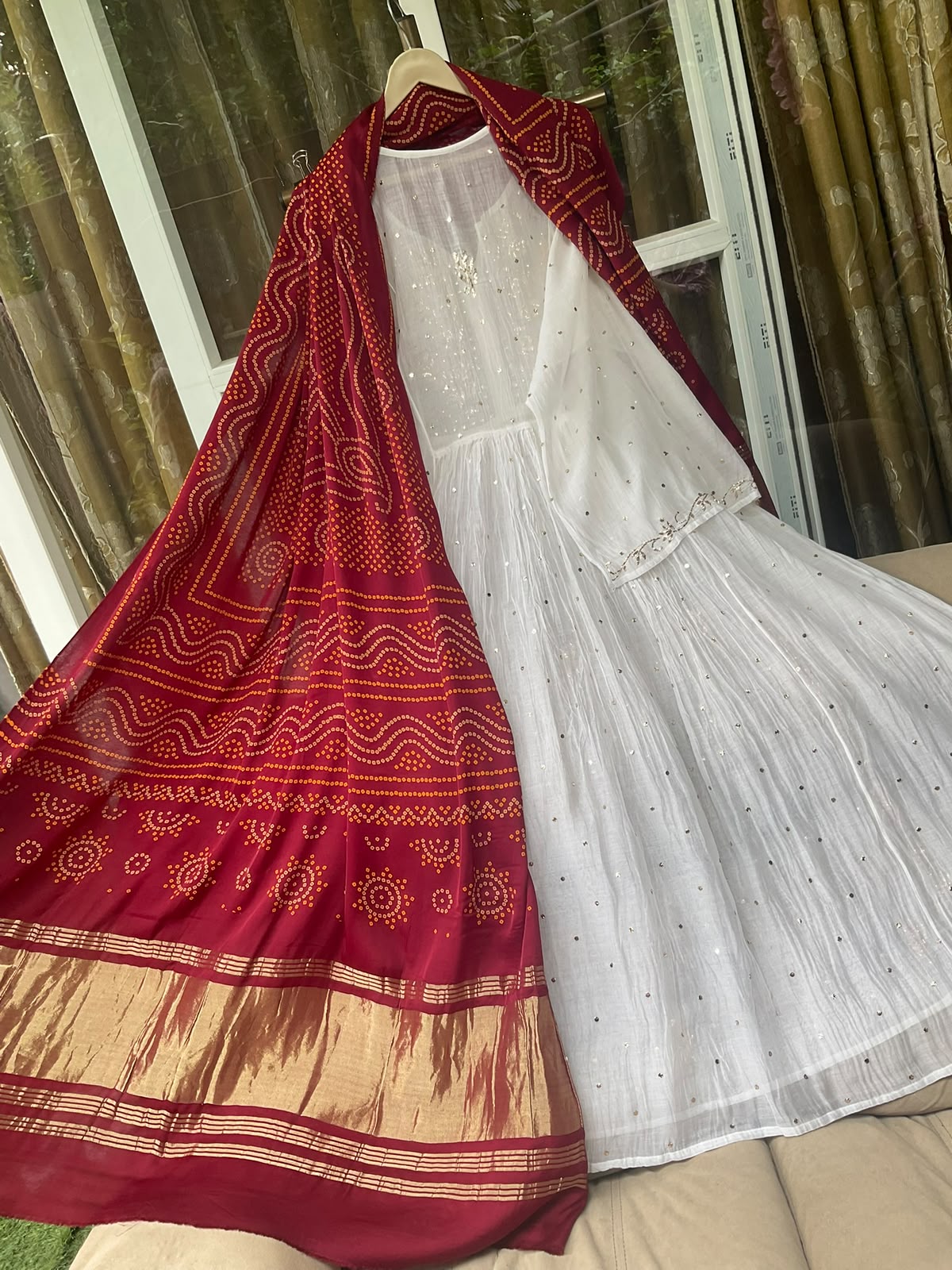 Pure Mulmul Tunic Set with Kaamdani & Mukaish Work with Royal Gaji Silk Bandhani Dupatta (Set of 2) (Semi - Stitched)