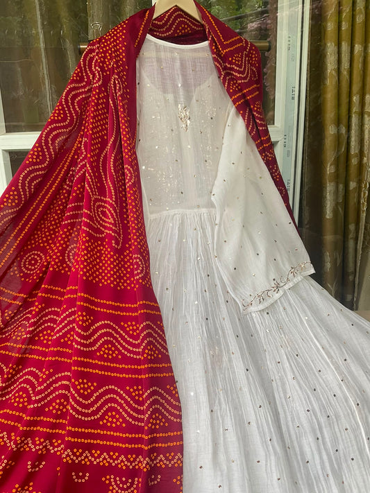 Pure Mulmul Tunic Set with Kaamdani & Mukaish Work with Royal Gaji Silk Bandhani Dupatta (Set of 2) (Semi - Stitched)