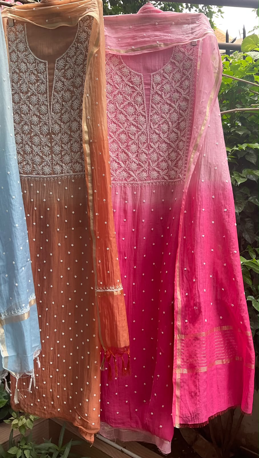 Pure Ombre Mulmul Kurta Set with Handcrafted Chikankari & Pearl-Cutdana Work with Embroidered Dupatta (Set of 3) (Unstitched)