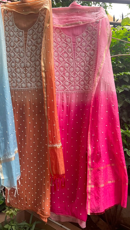 Pure Ombre Mulmul Kurta Set with Handcrafted Chikankari & Pearl-Cutdana Work with Embroidered Dupatta (Set of 3) (Unstitched)