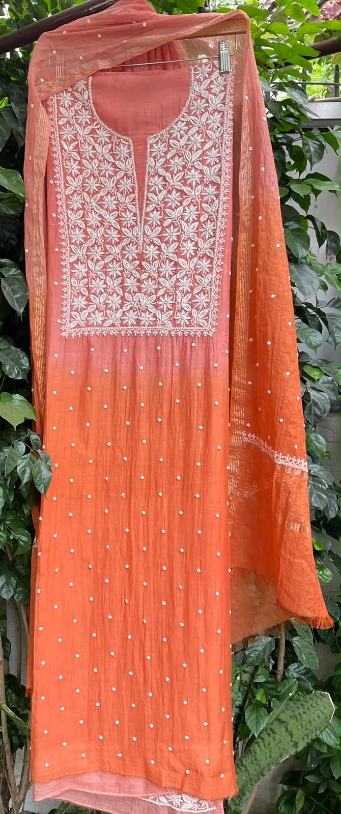 Pure Ombre Mulmul Kurta Set with Handcrafted Chikankari & Pearl-Cutdana Work with Embroidered Dupatta (Set of 3) (Unstitched)