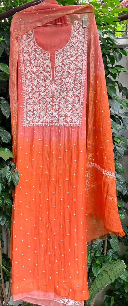 Pure Ombre Mulmul Kurta Set with Handcrafted Chikankari & Pearl-Cutdana Work with Embroidered Dupatta (Set of 3) (Unstitched)