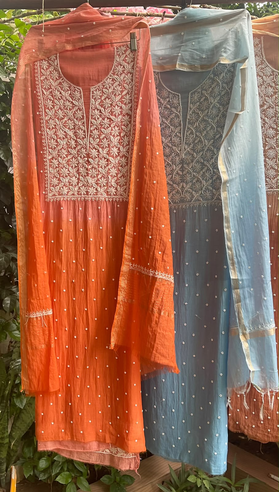 Pure Ombre Mulmul Kurta Set with Handcrafted Chikankari & Pearl-Cutdana Work with Embroidered Dupatta (Set of 3) (Unstitched)