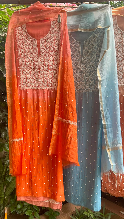 Pure Ombre Mulmul Kurta Set with Handcrafted Chikankari & Pearl-Cutdana Work with Embroidered Dupatta (Set of 3) (Unstitched)