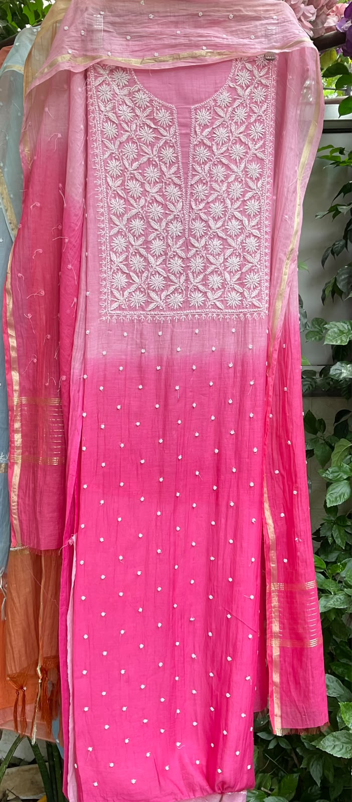 Pure Ombre Mulmul Kurta Set with Handcrafted Chikankari & Pearl-Cutdana Work with Embroidered Dupatta (Set of 3) (Unstitched)